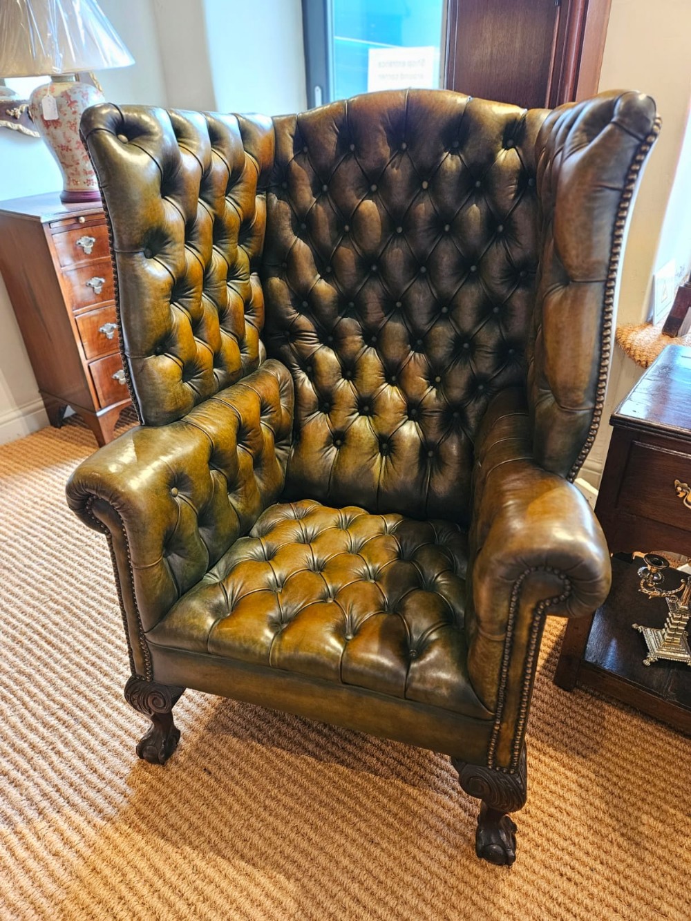 Superb Dark Olive Leather Wing Back Arm Chair