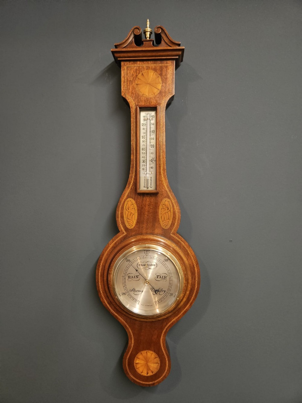 Small Edwardian Sheraton Inlaid Mahogany Barometer