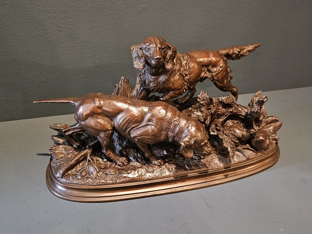 Superb Signed Bronze of Retrievers by French Sculptor Delabrierre