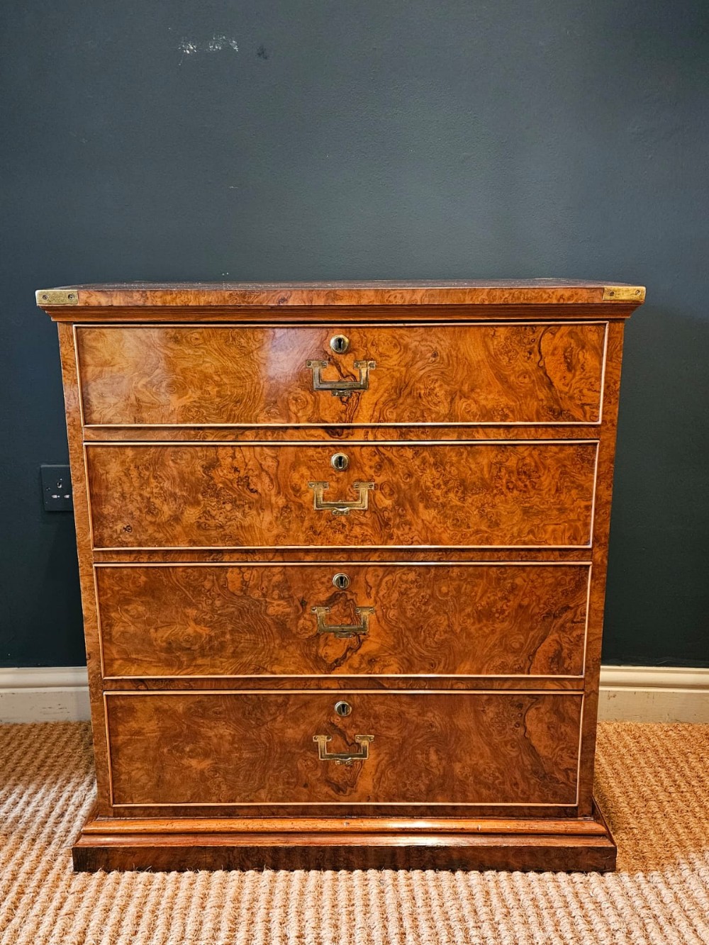Victorian Edwards and Roberts Shallow Proportioned Burr Walnut Campaign Style Chest
