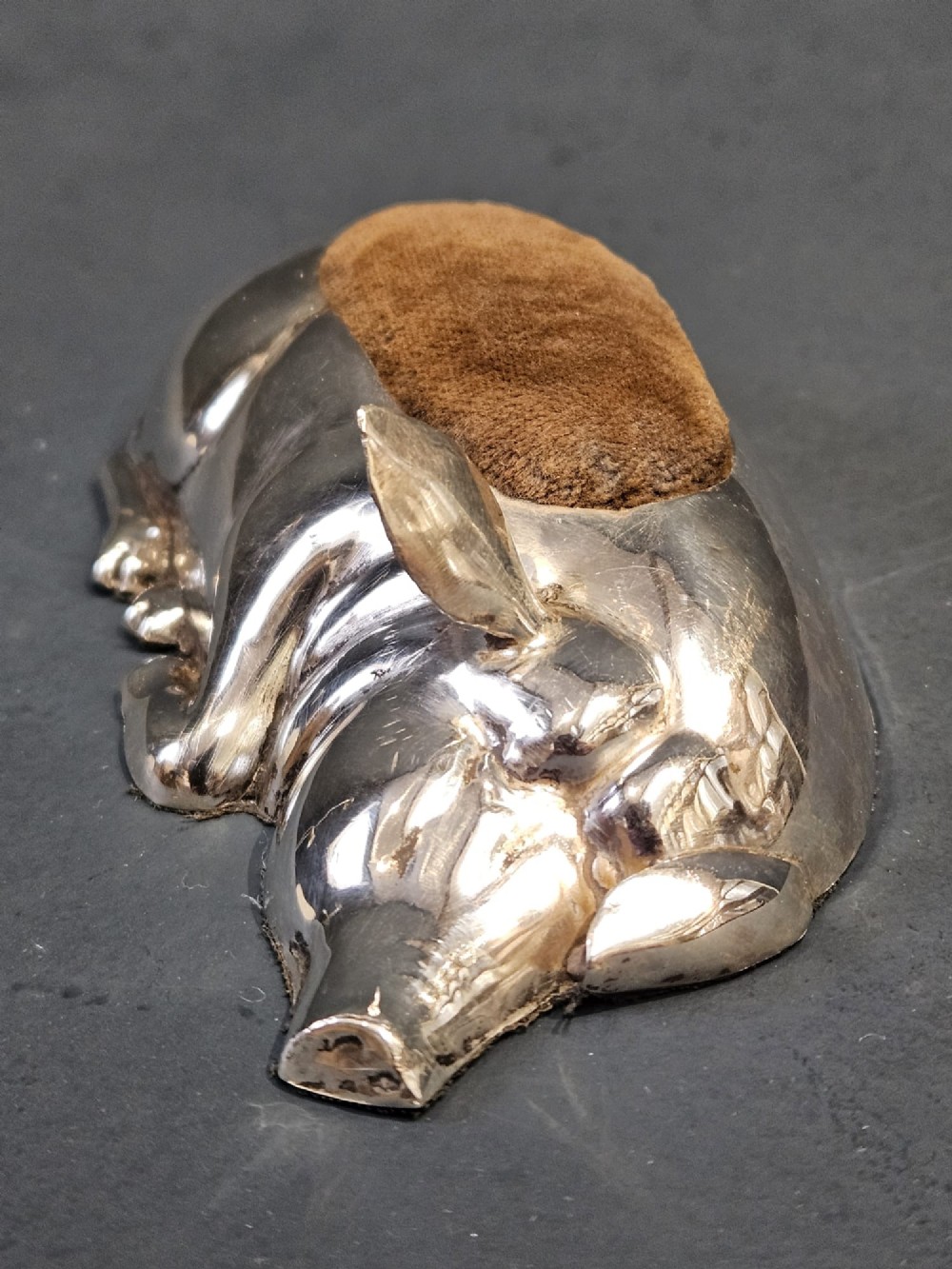 Rare Edwardian Silver Sleeping Pig Pin Cushion