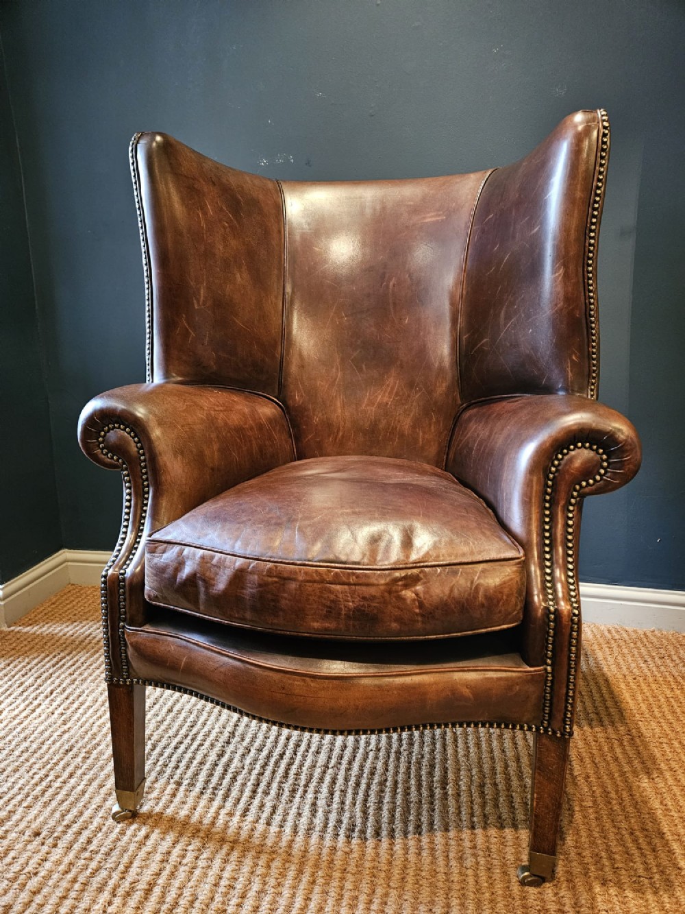 1930's Brown Leather Wing Back Arm Chair