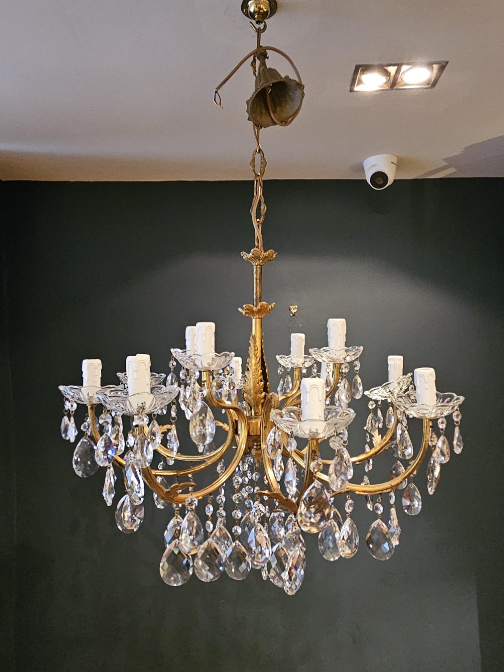 1920's Gilt Brass and Crystal 12 Arm Chandelier