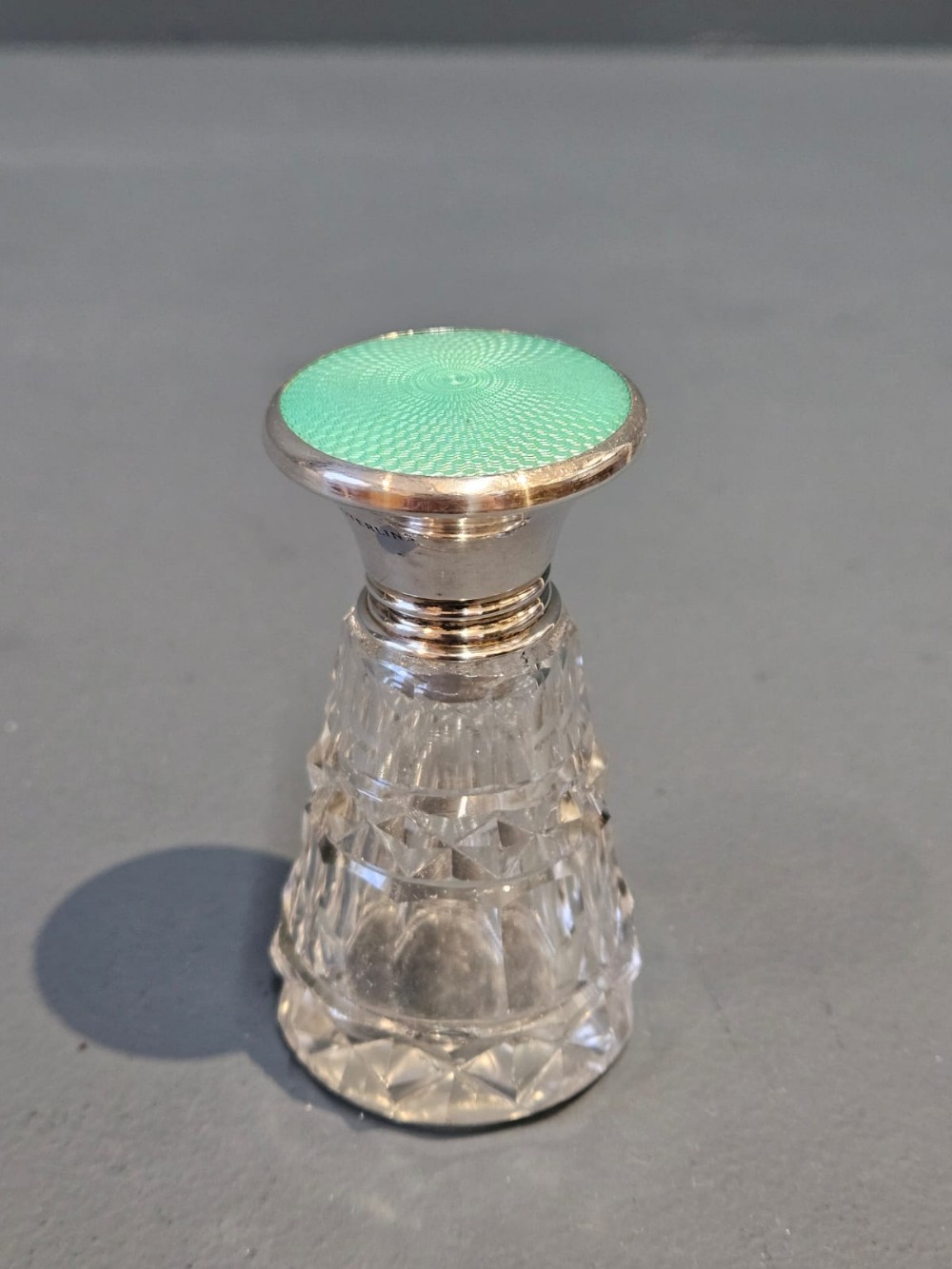 Silver and Mint Green Engine Turned Enamel Topped Scent Bottle