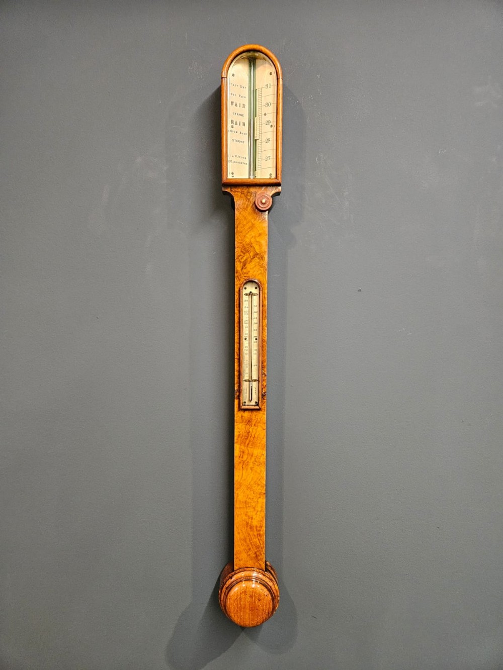 Mid Victorian Burr Walnut Stick Barometer