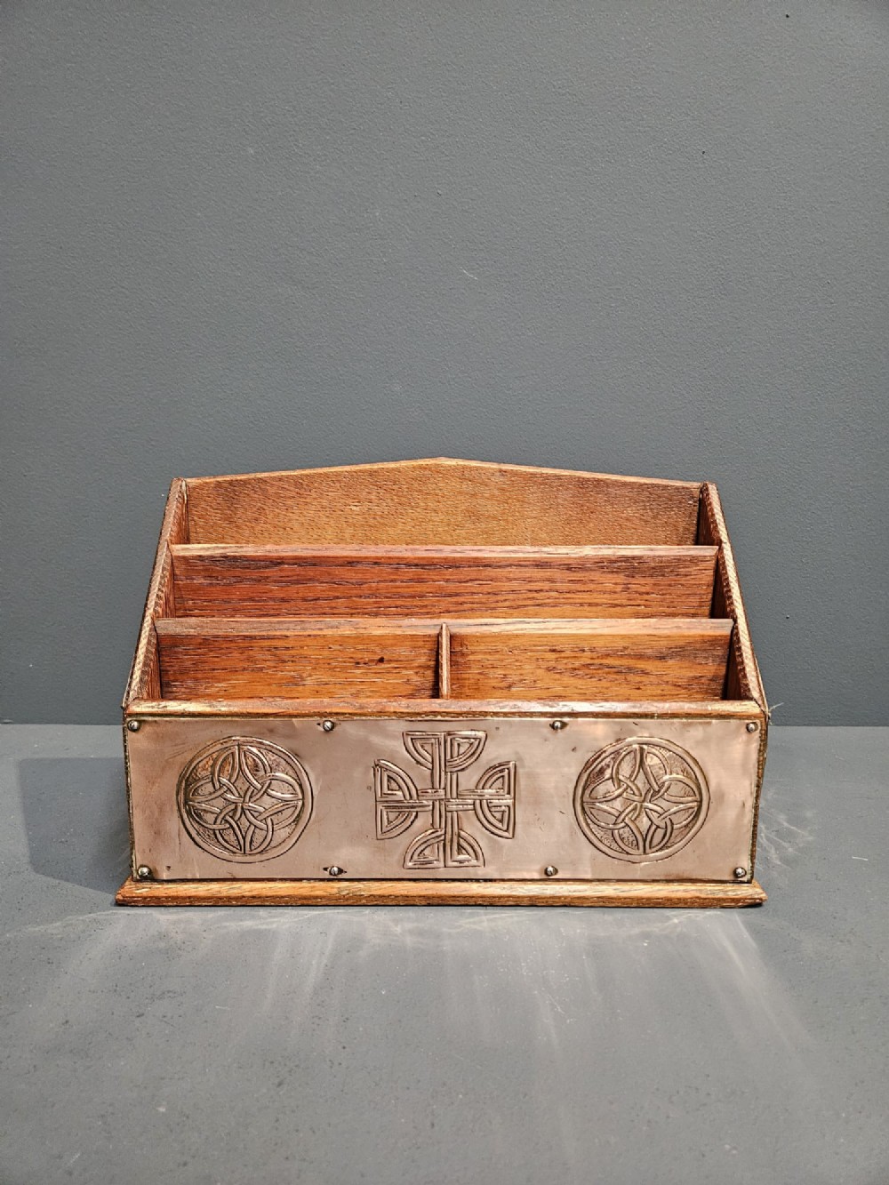 Glasgow School Copper on Oak Letter Rack