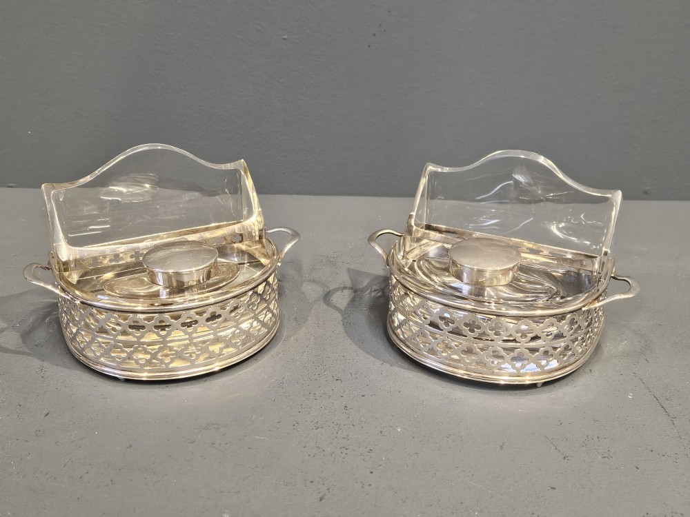 Unusual Matching Pair of Silver and Crystal Ink Wells