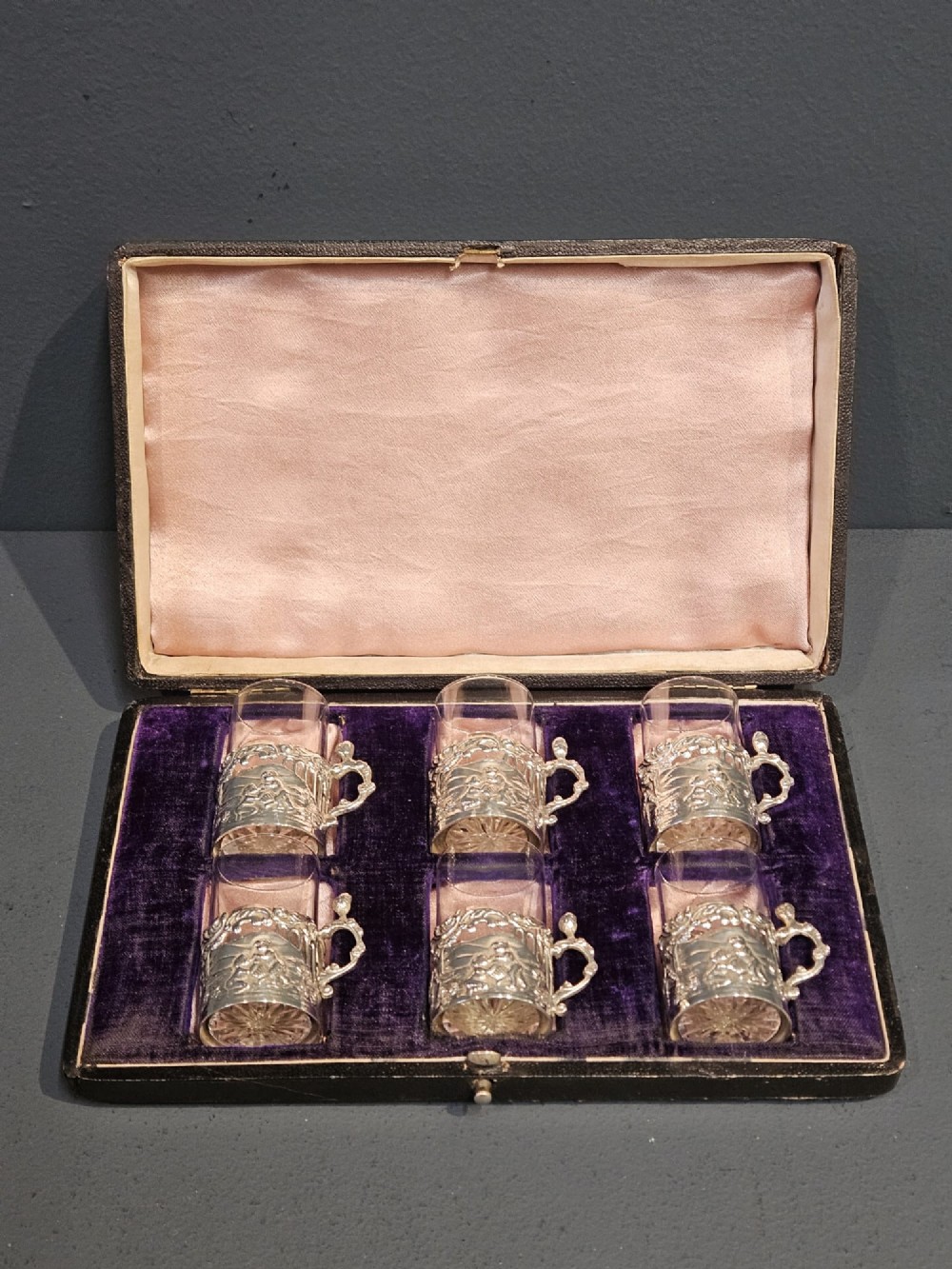 Set of Six Edwardian Silver Mounted Liqueur Glasses by William Comyns