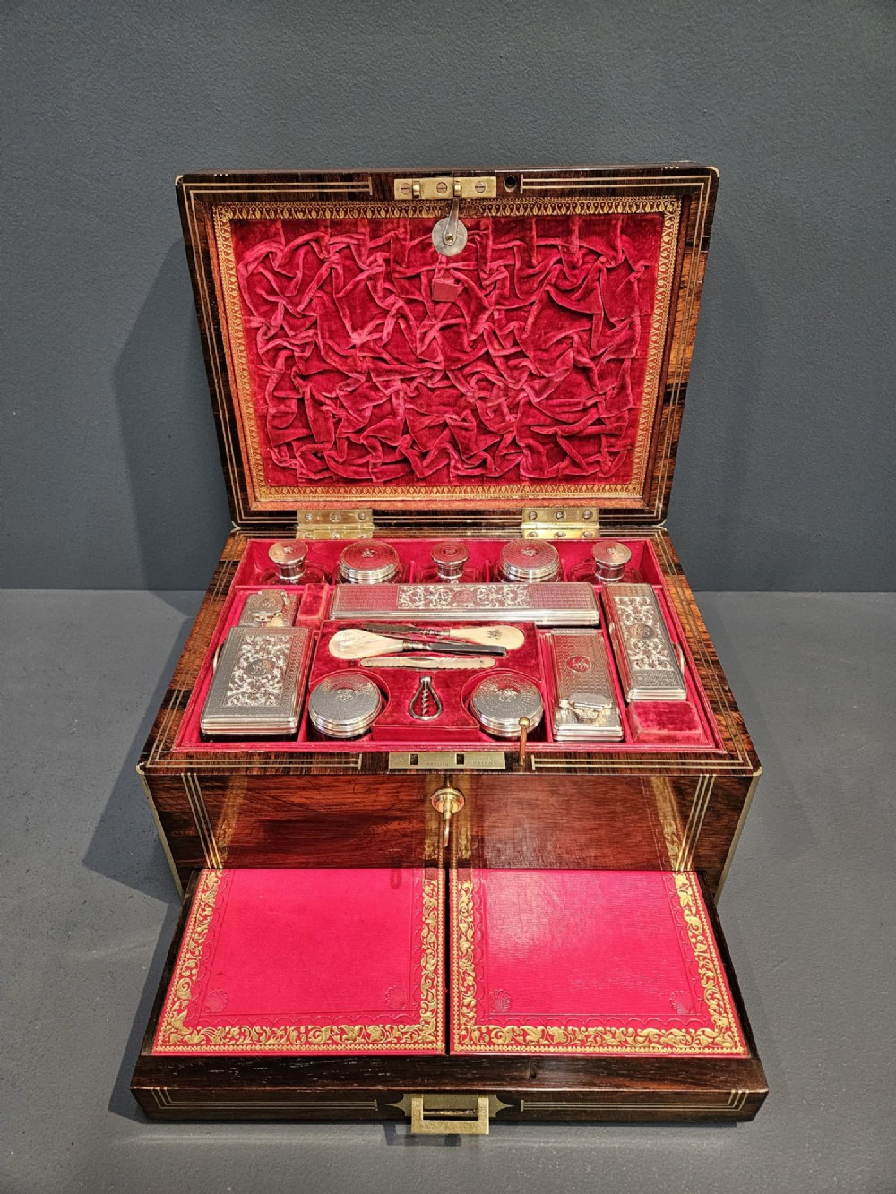 Early Victorian Rosewood Travelling Box with Silver Contents