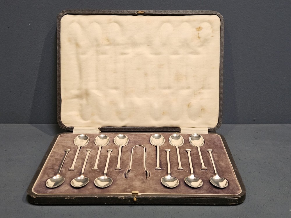 Set of 12 Silver Art Deco Spoons and Tongs