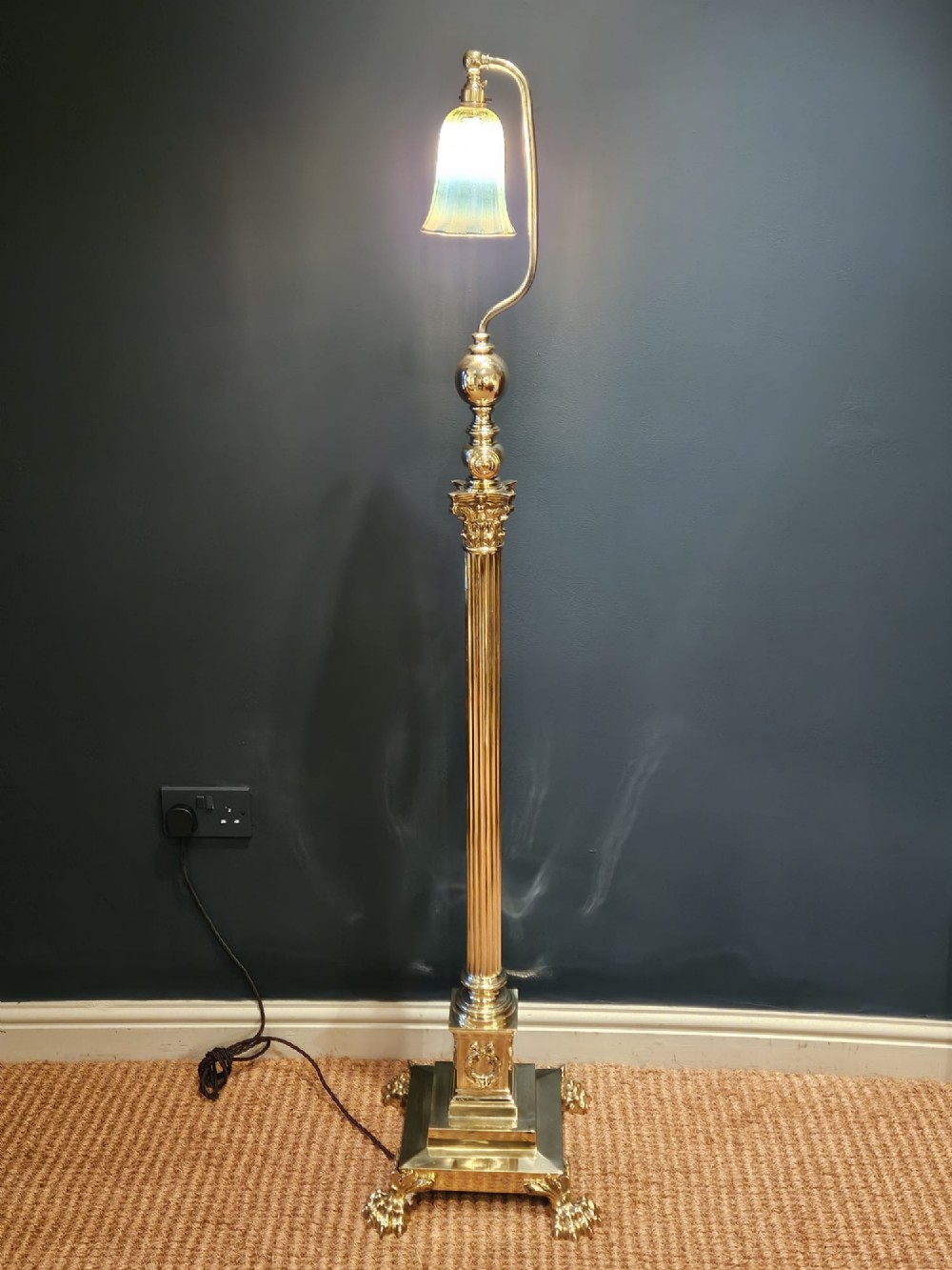 Superb Victorian Brass Lamp Standard with Vaseline Glass Shade