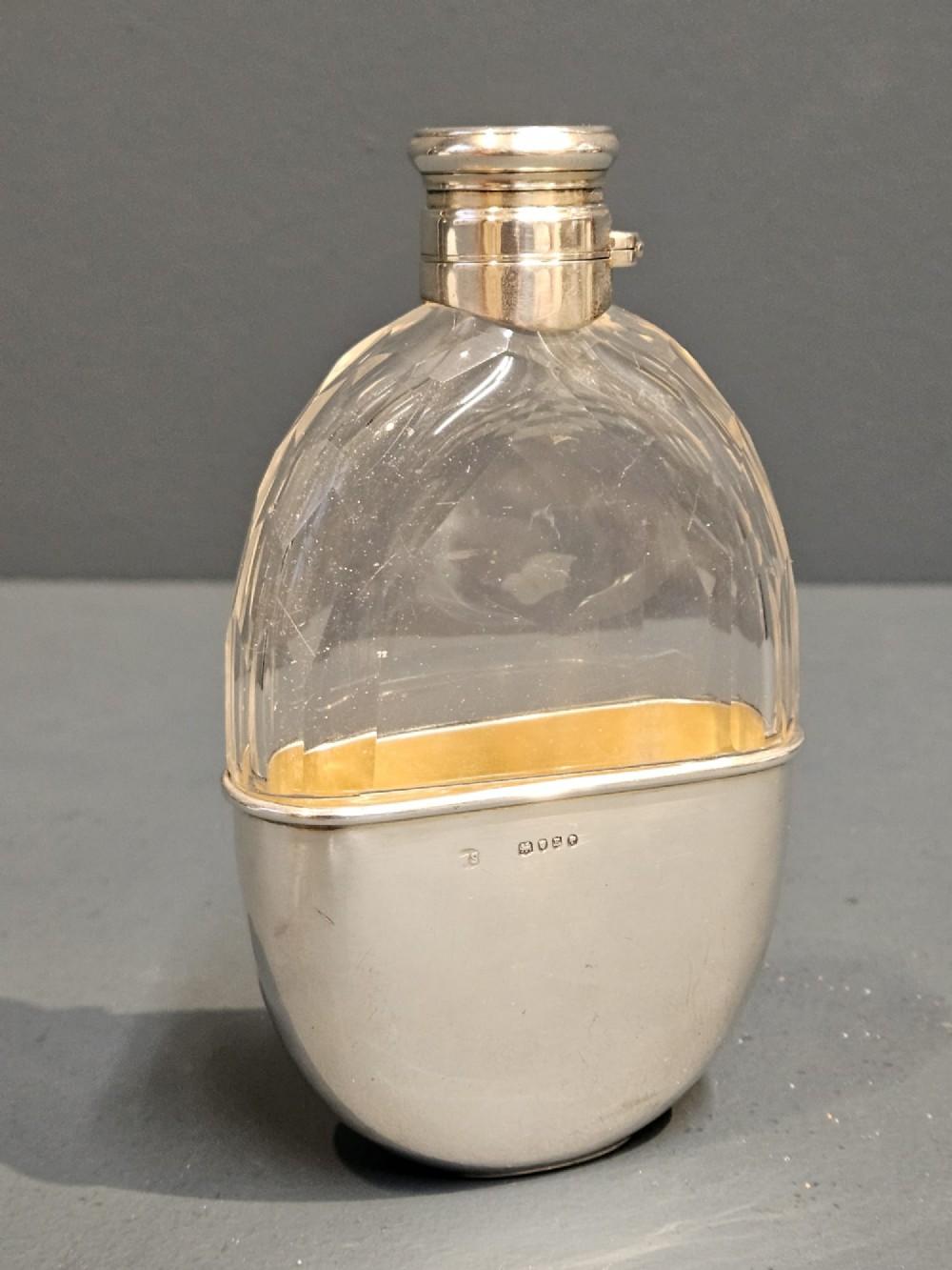 Oval Faceted Crystal and Silver Hip Flask
