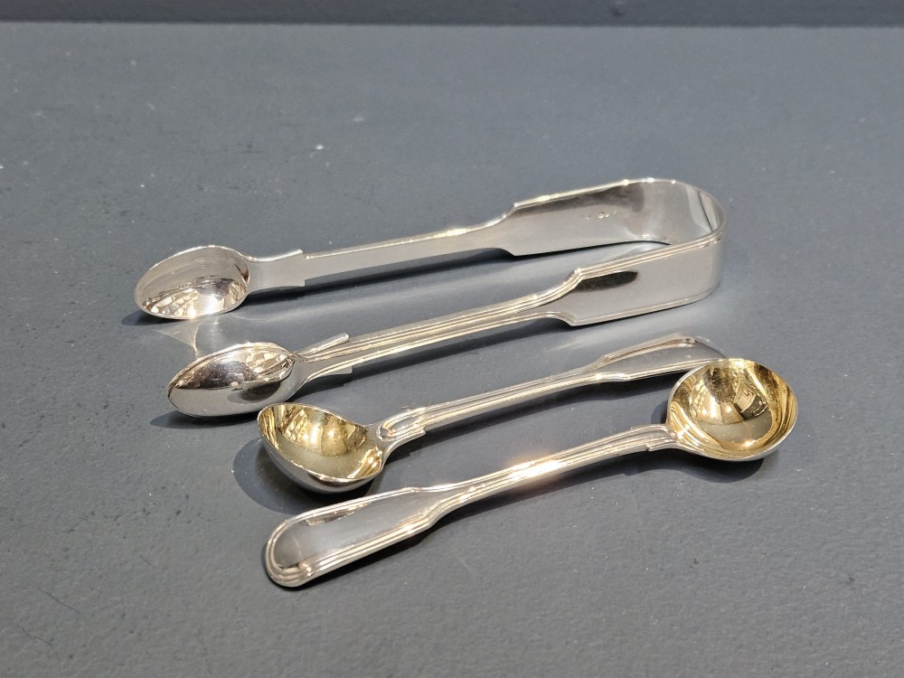 Early Victorian Silver Sugar Spoons and Tongs Set
