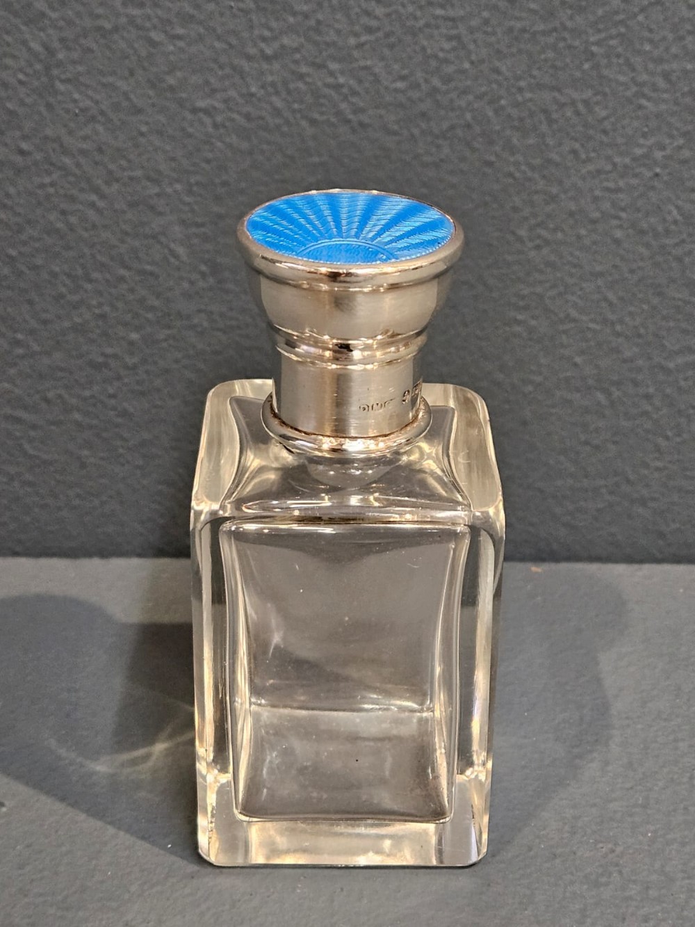 Edwardian Silver and Engine Turned Enamel Cut Crystal Scent Bottle