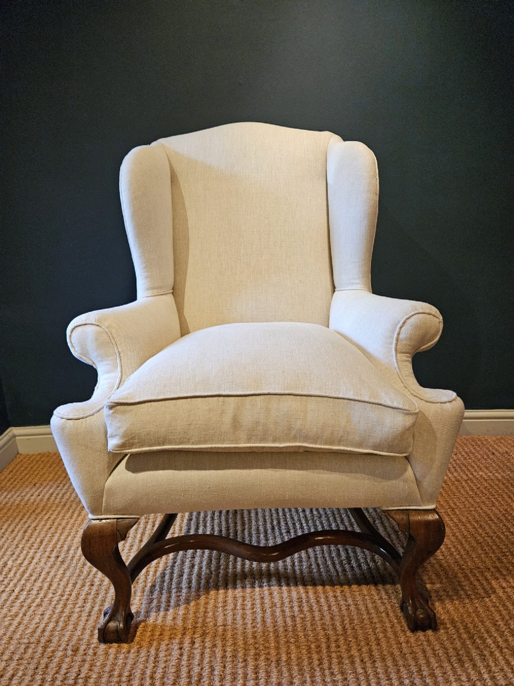 Late Victorian Wing Back Arm Chair in Cream Linen