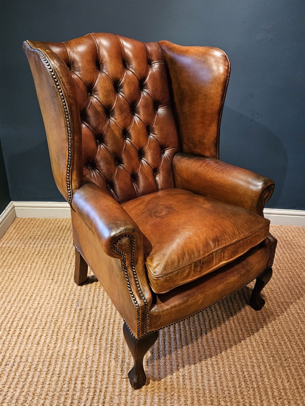 1930's Tan Leather Wing Back Arm Chair