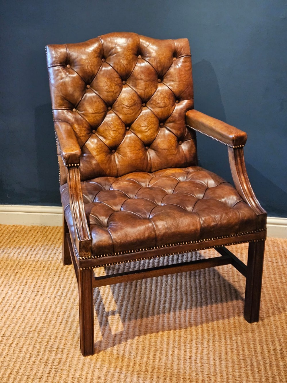 Late Victorian Gainsborough Chair with Original Leather Upholstery