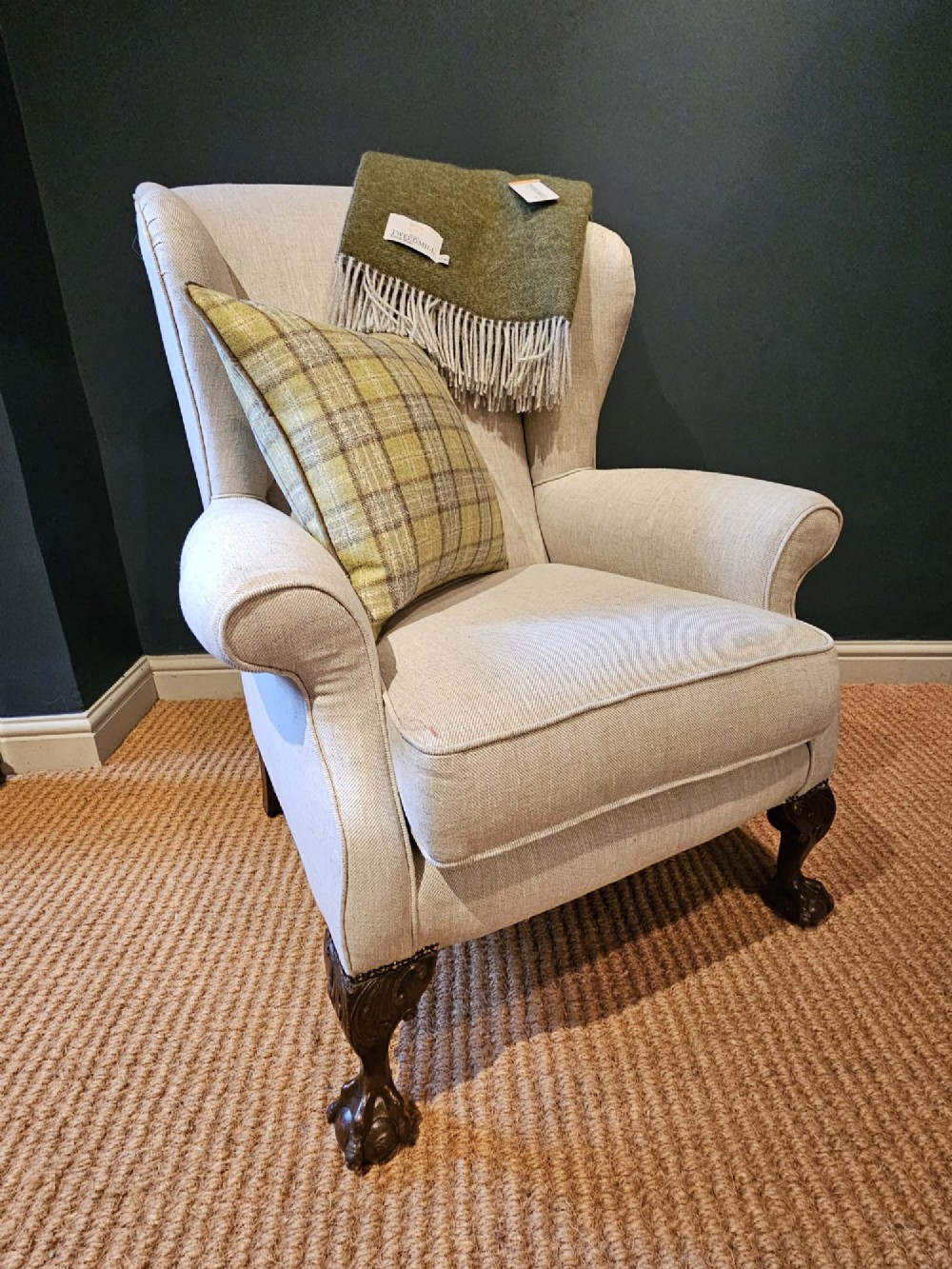 Edwardian Cream Linen Wing Back Arm Chair