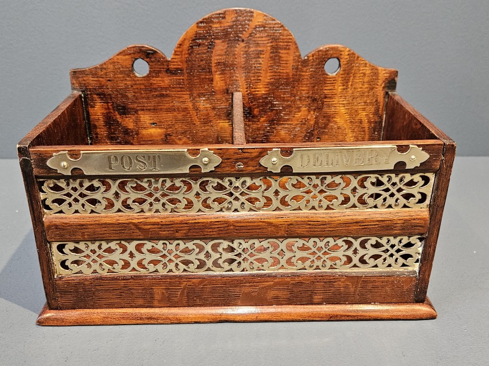 Victorian Oak and Brass Mail Basket