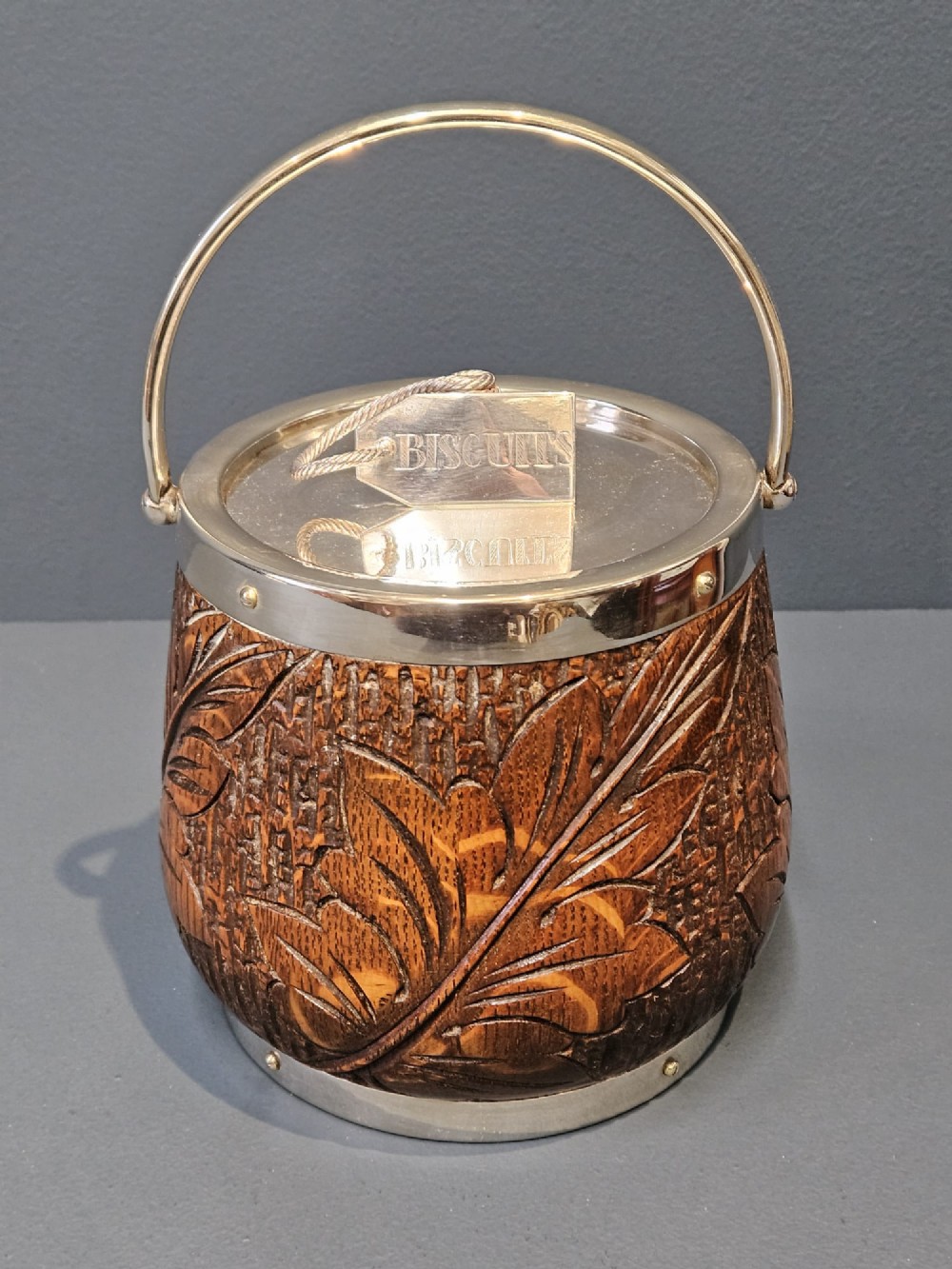 Edwardian Carved Oak and Silver Plated Biscuit Barrel