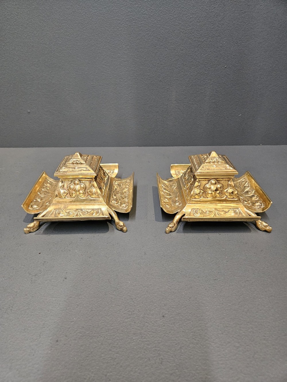 Matching Pair of Victorian Brass Ink Wells