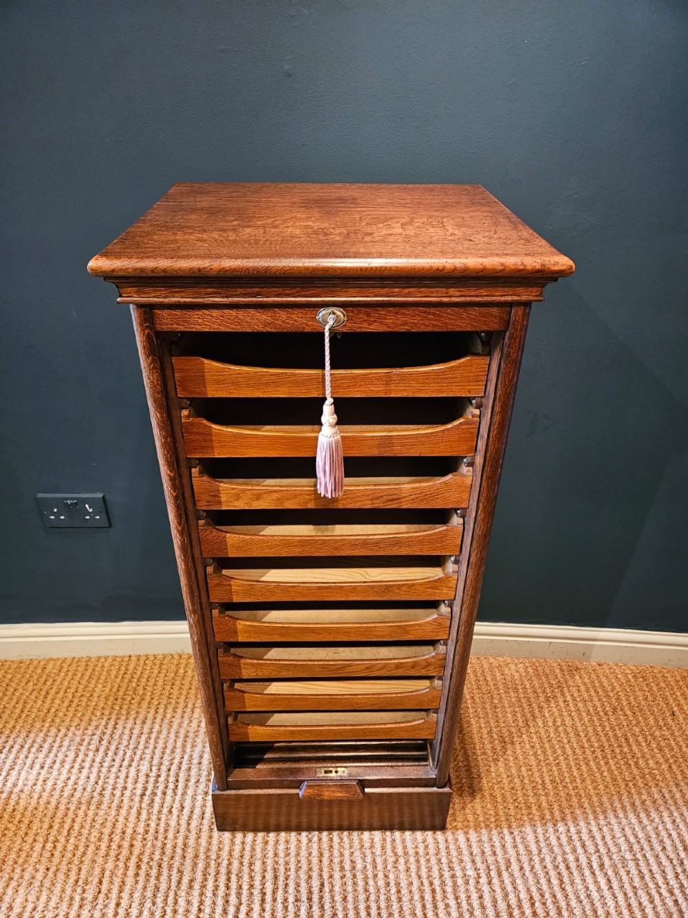 Edwardian Oak Tambour Front Filing Cabinet