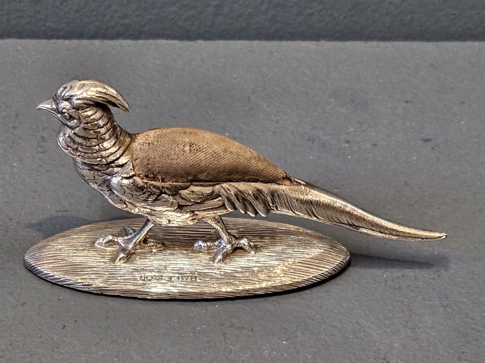 Rare Edwardian Sampson Mordan Silver Pheasant Pin Cushion View II