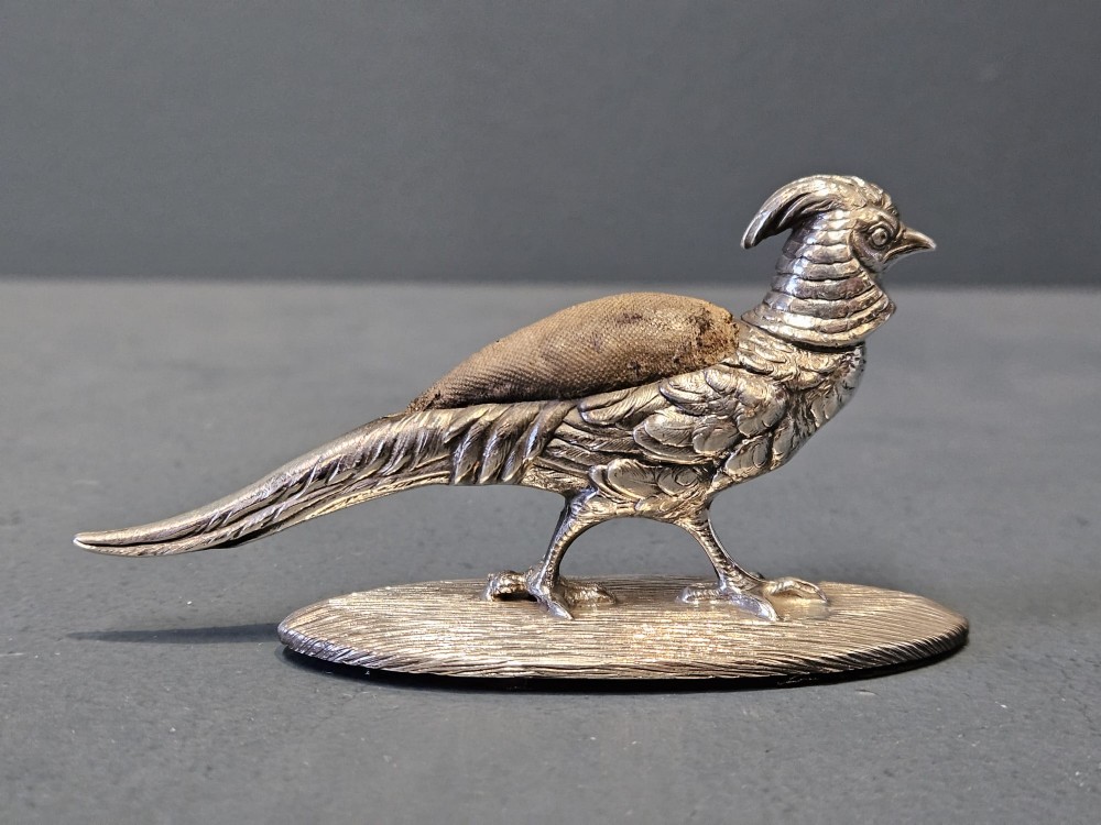 Rare Edwardian Sampson Mordan Silver Pheasant Pin Cushion View V