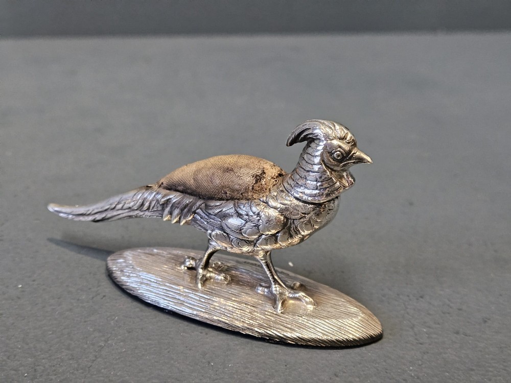 Rare Edwardian Sampson Mordan Silver Pheasant Pin Cushion View VI