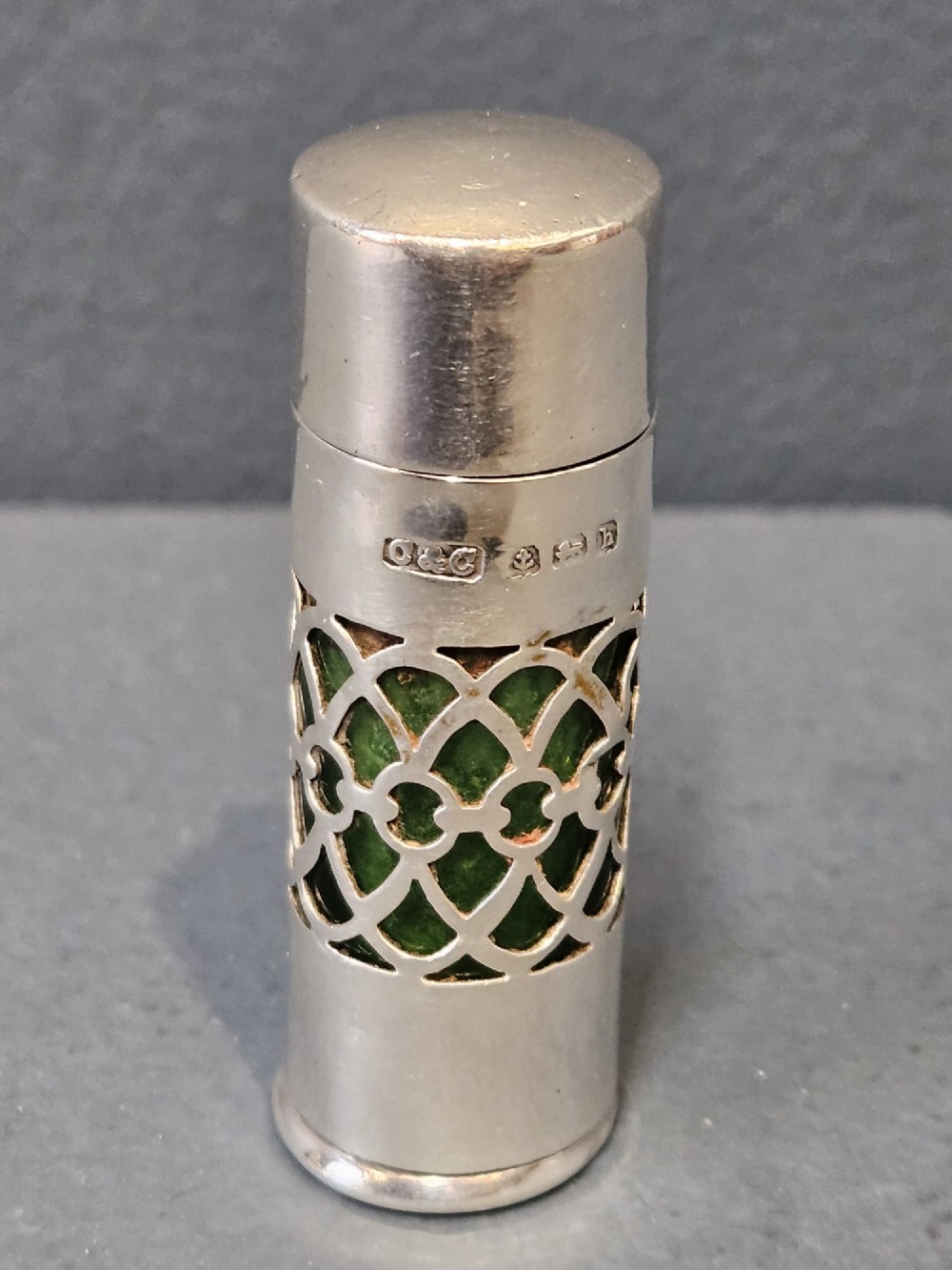 Edwardian Silver and Emerald Glass Travelling Scent Bottle