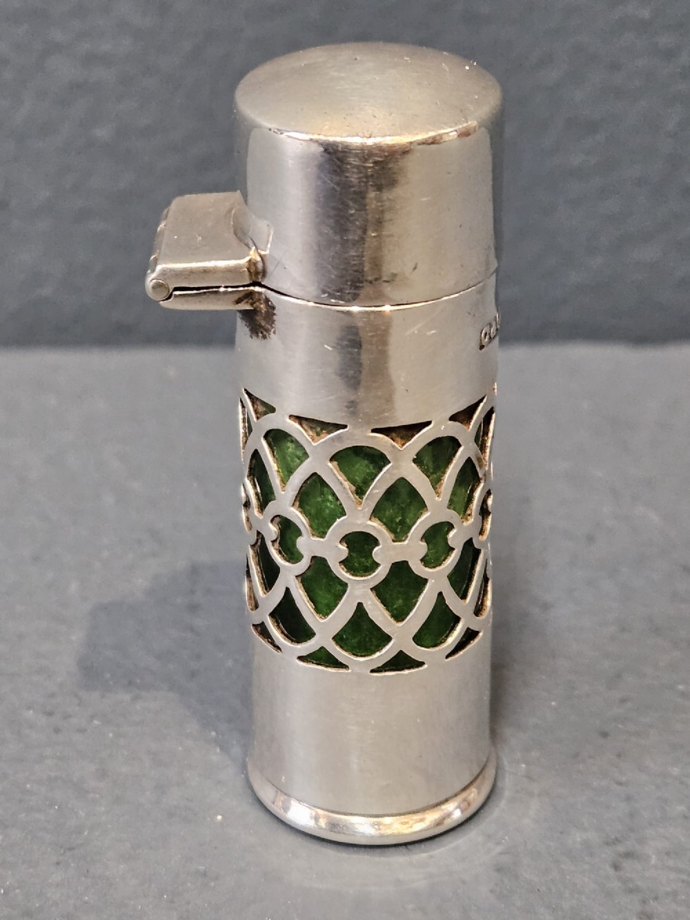 Edwardian Silver and Emerald Glass Travelling Scent Bottle View II