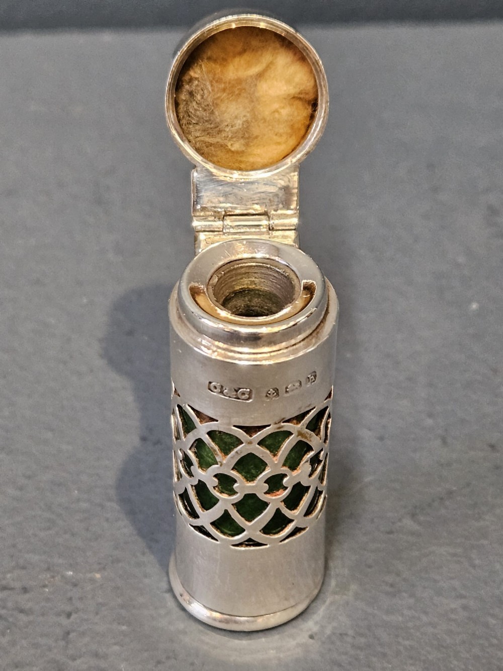 Edwardian Silver and Emerald Glass Travelling Scent Bottle View III