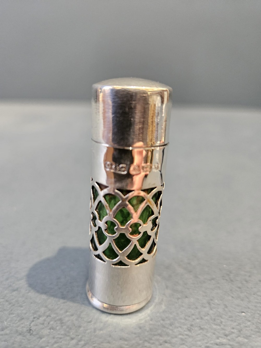 Edwardian Silver and Emerald Glass Travelling Scent Bottle View VI