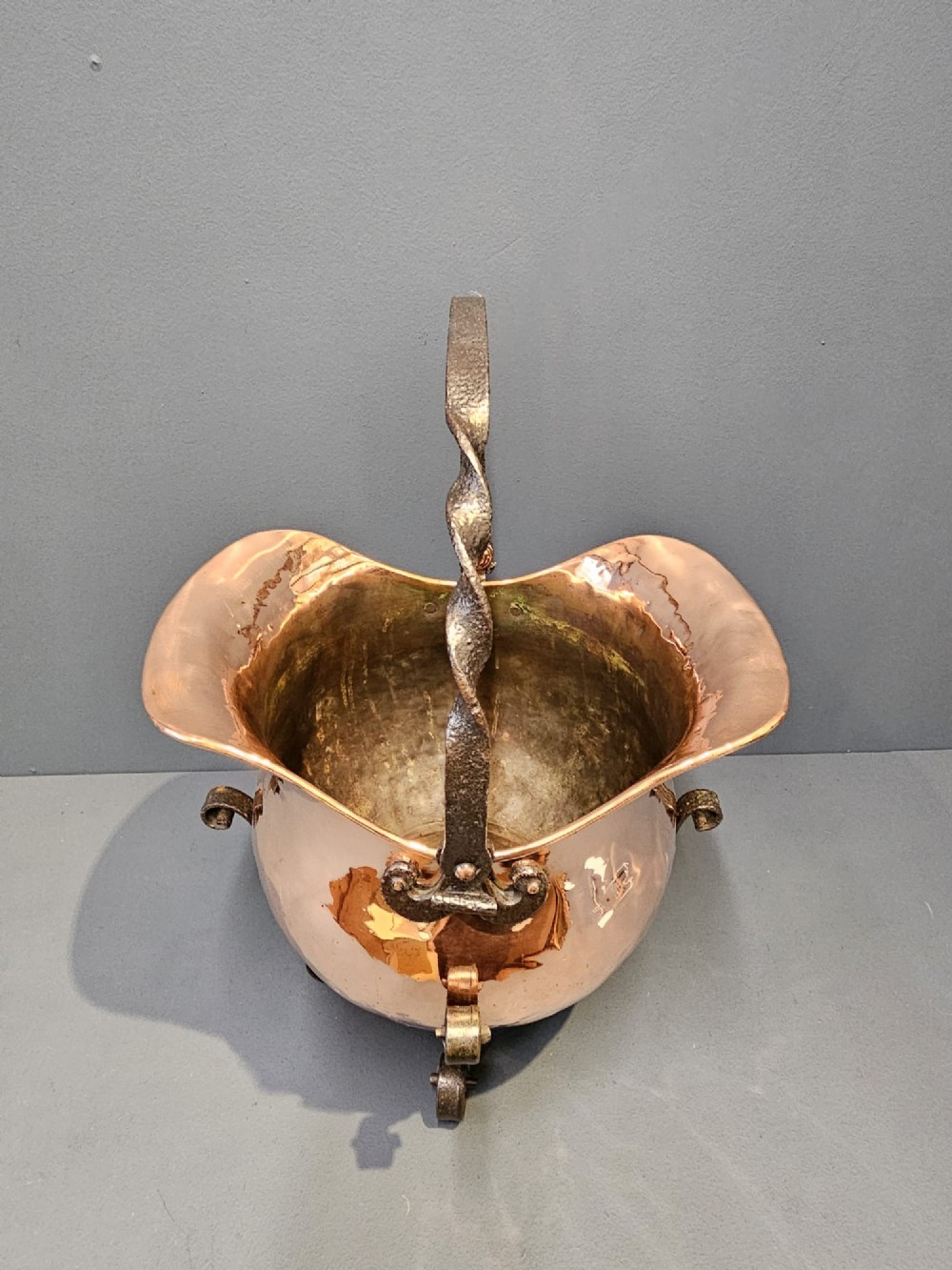 Arts and Crafts Copper and Wrought Iron Coal Scuttle View V