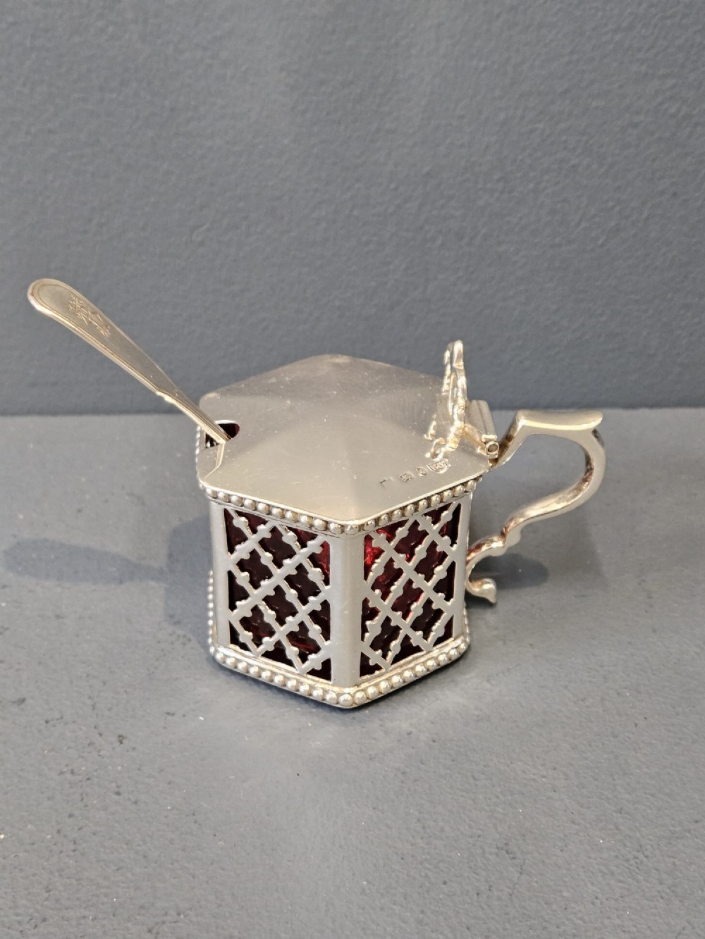 Early Victorian Mustard Pot with Cranberry Liner View II