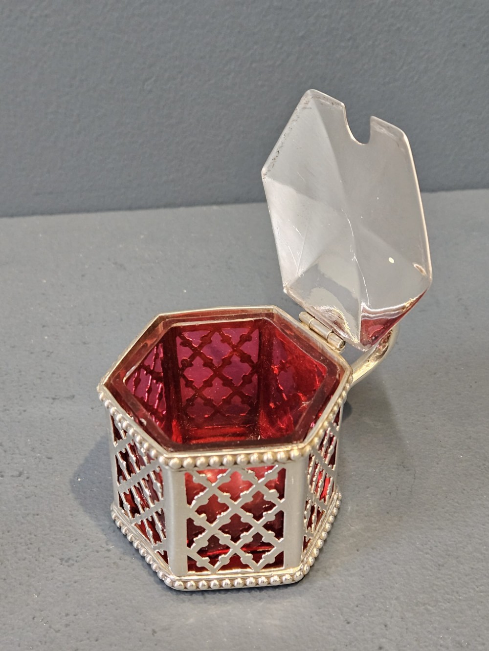 Early Victorian Mustard Pot with Cranberry Liner View V