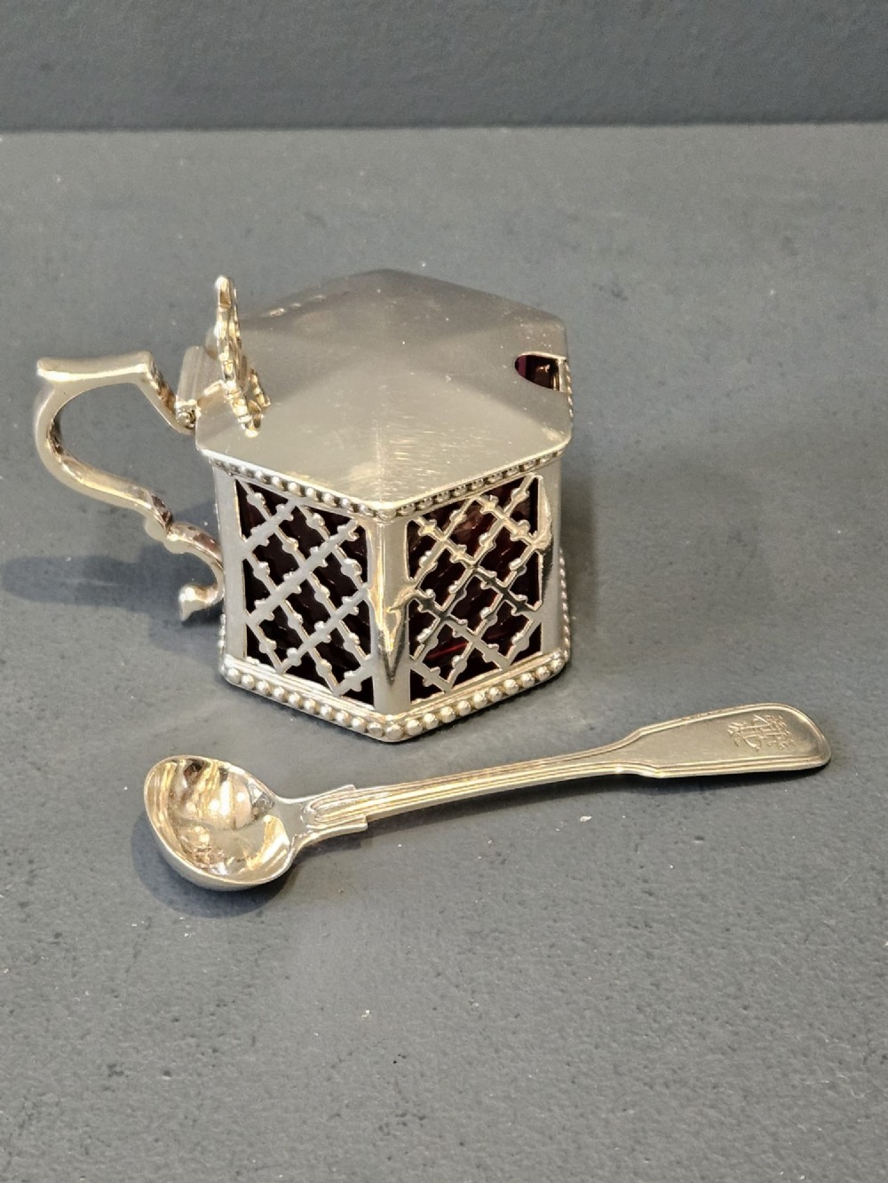 Early Victorian Mustard Pot with Cranberry Liner View VII