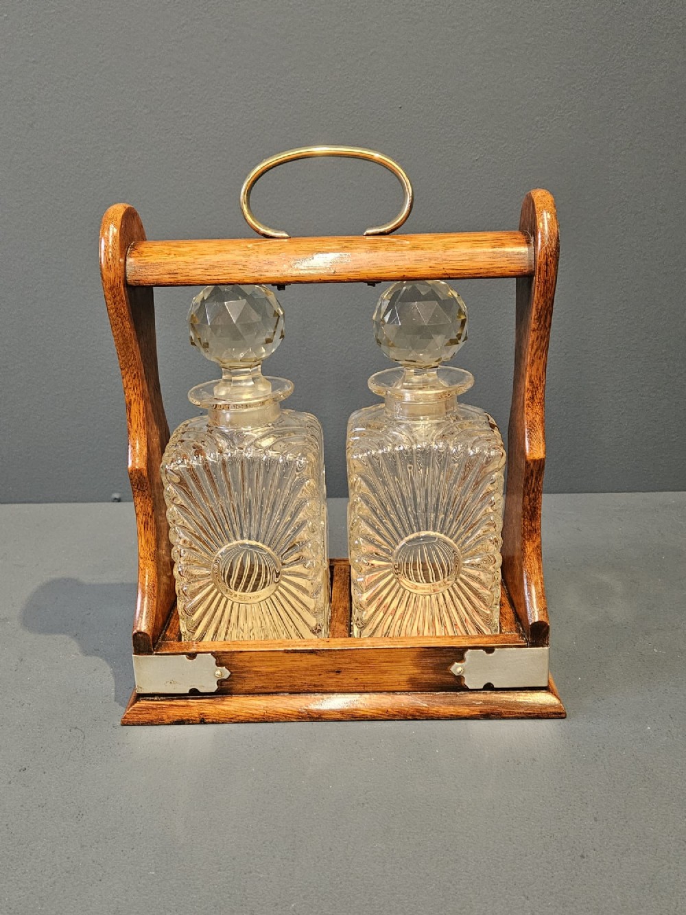Victorian Oak and Silver Plated 2 Bottle Tantalus View II