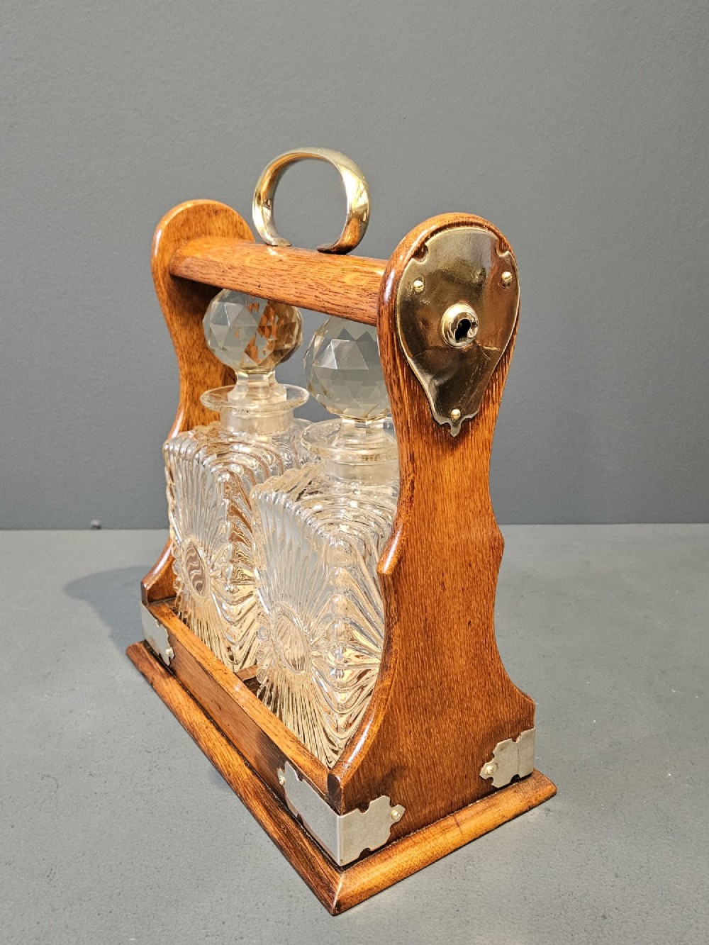 Victorian Oak and Silver Plated 2 Bottle Tantalus View III