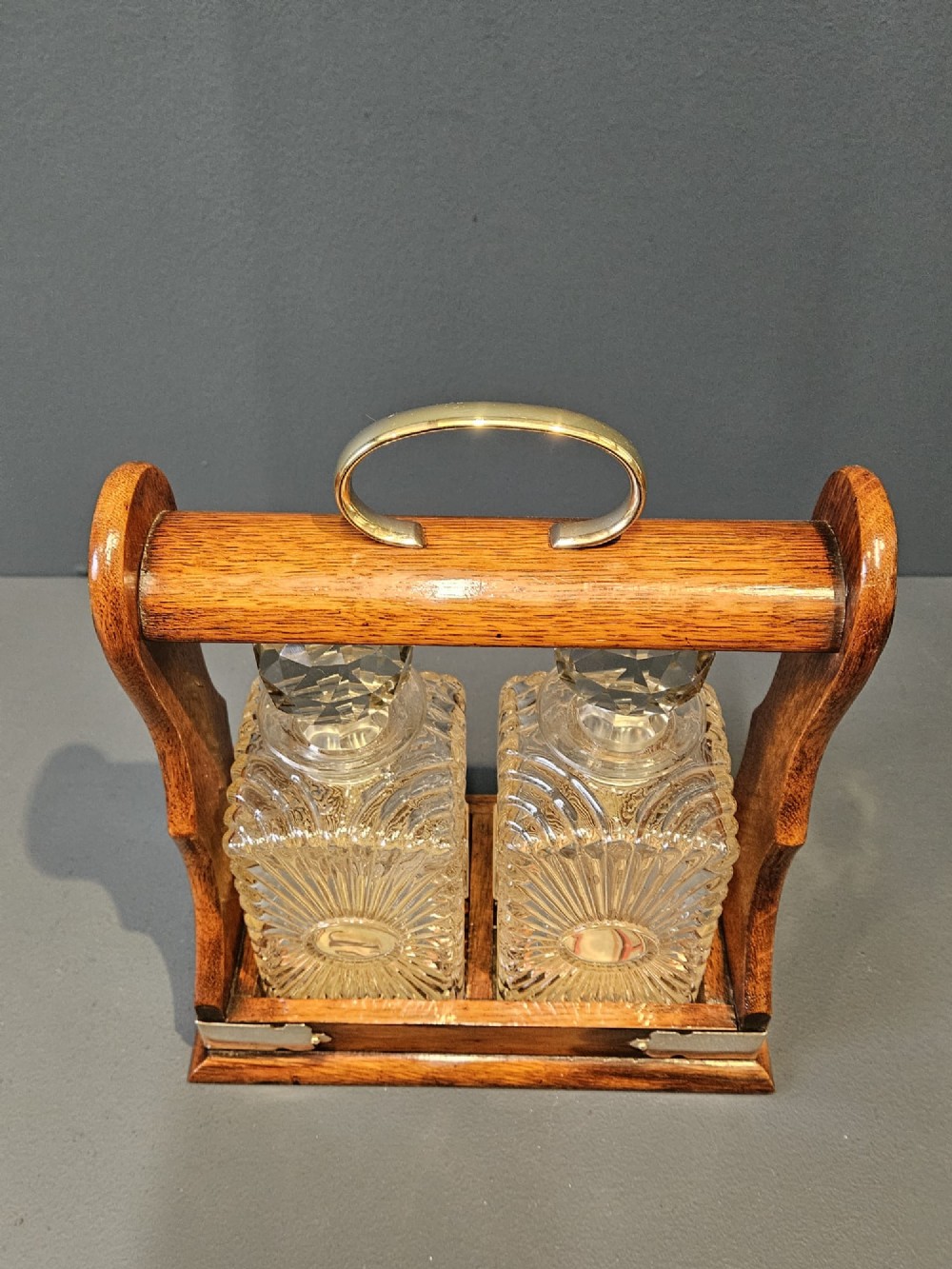 Victorian Oak and Silver Plated 2 Bottle Tantalus View VII