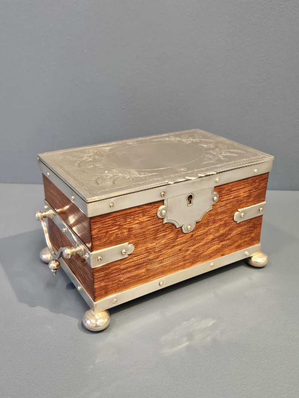 Victorian Oak and Silver Plated Tea Caddy