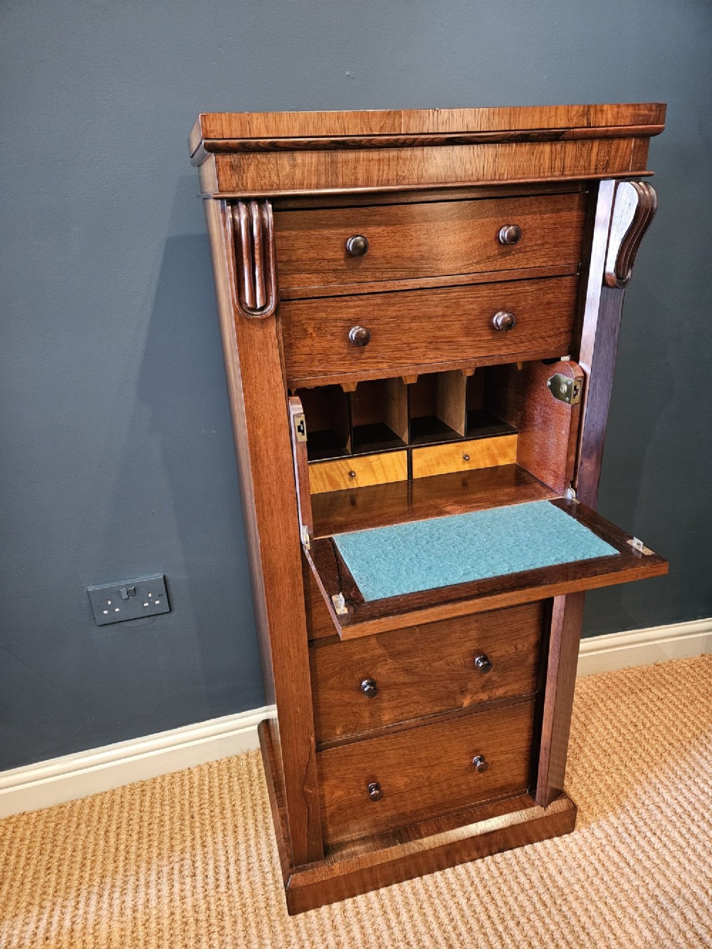 Early Victorian Rosewood Secretaire Wellington Chest View VI