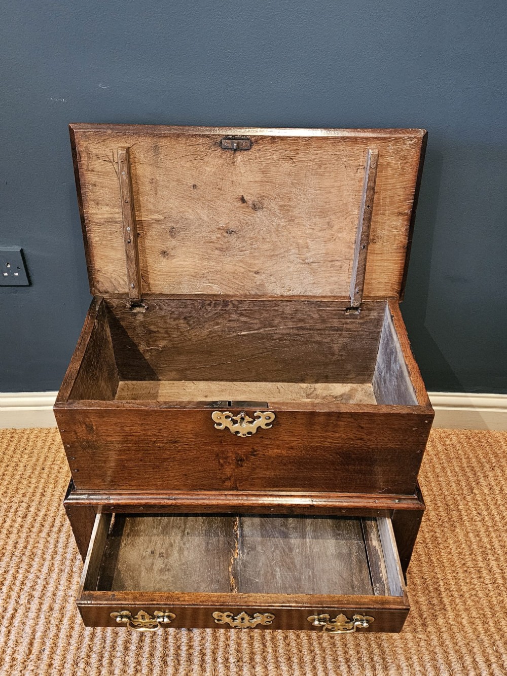 An antique 18th-century George II Welsh oak coffer bach with a hinged top lid, lower drawer, shaped apron, and brass escutcheons. View IV