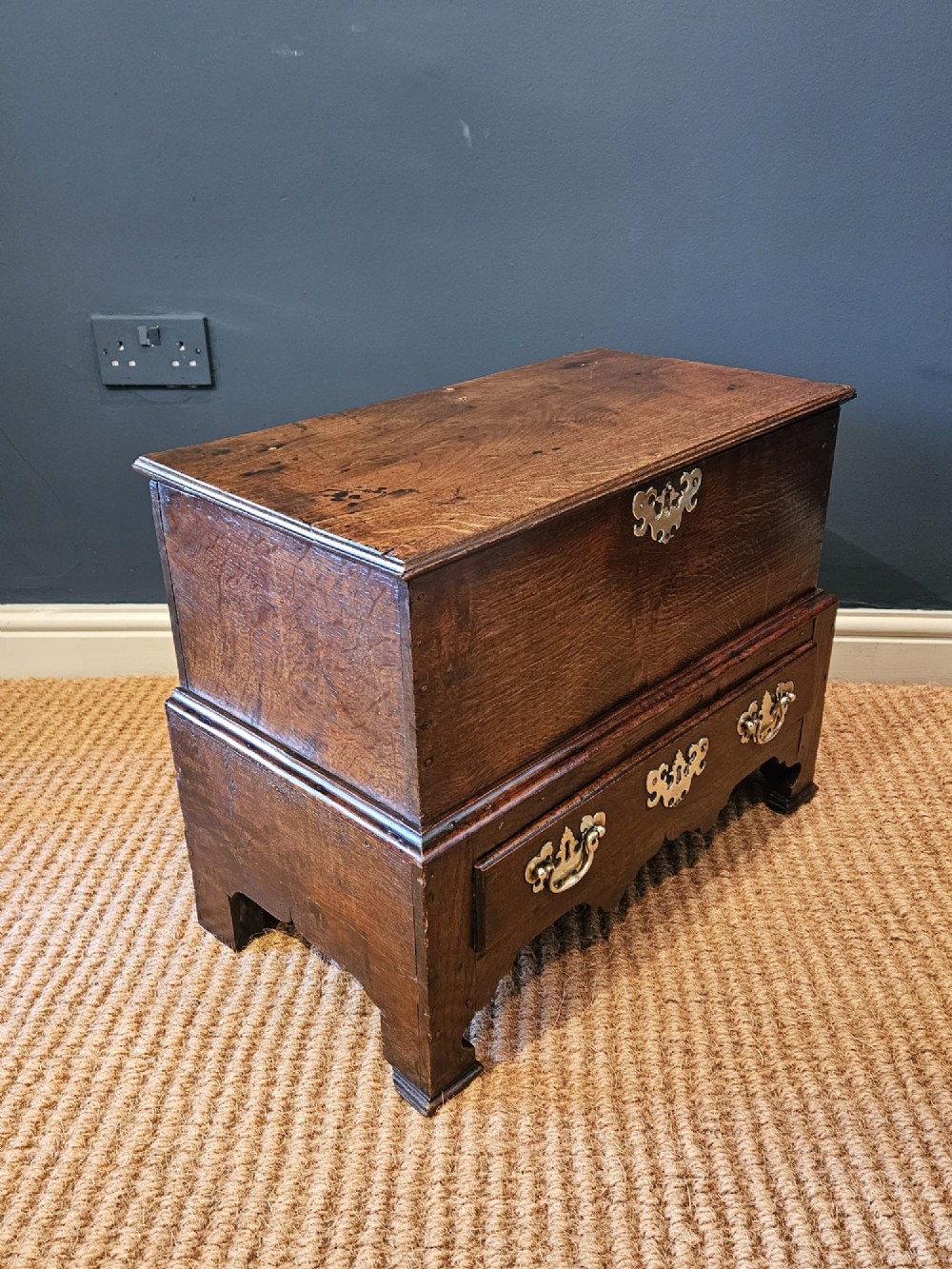 An antique 18th-century George II Welsh oak coffer bach with a hinged top lid, lower drawer, shaped apron, and brass escutcheons. View V