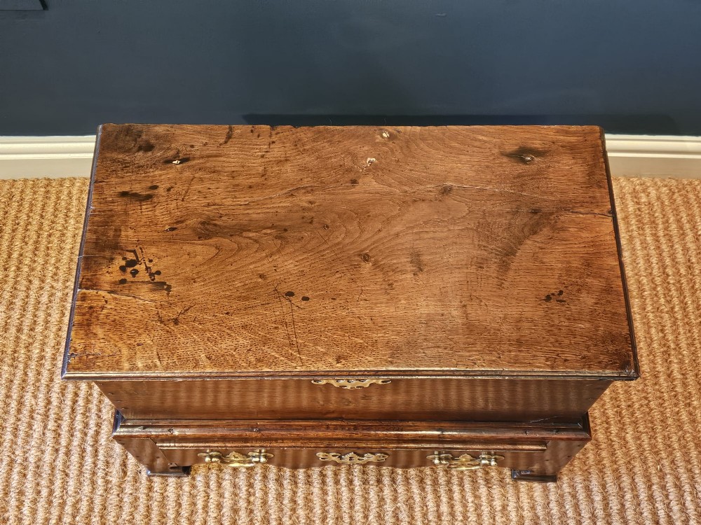 An antique 18th-century George II Welsh oak coffer bach with a hinged top lid, lower drawer, shaped apron, and brass escutcheons. View IX
