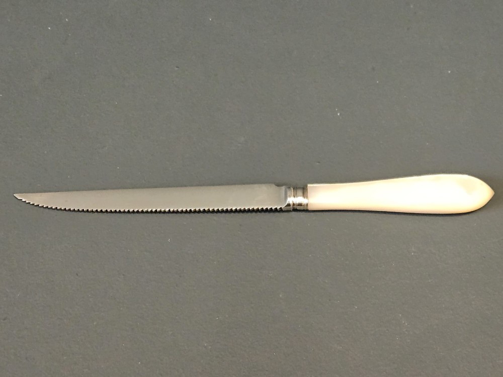 A hallmarked silver fruit serving knife with an engraved blade and mother-of-pearl handle presented inside an open dark velvet-lined case. View II