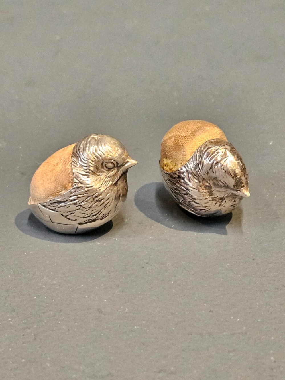 Pair of Sampson Mordan Silver Hatching Chick Pin Cushions