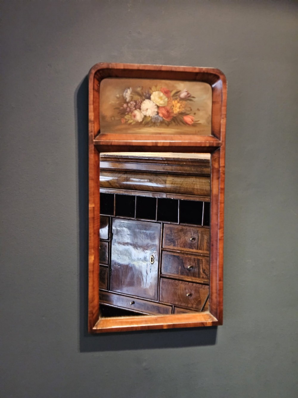 Late Victorian Yew Wood Mirror with Painted Panel