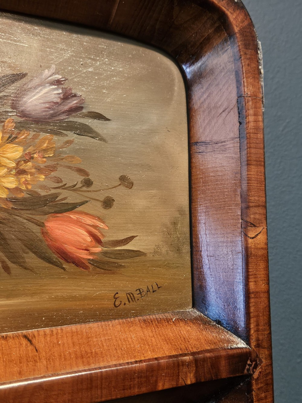 Late Victorian Yew Wood Mirror with Painted Panel View VIII