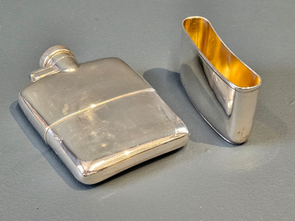 Superb George V Shallow Proportioned Silver Hip Flask View IV